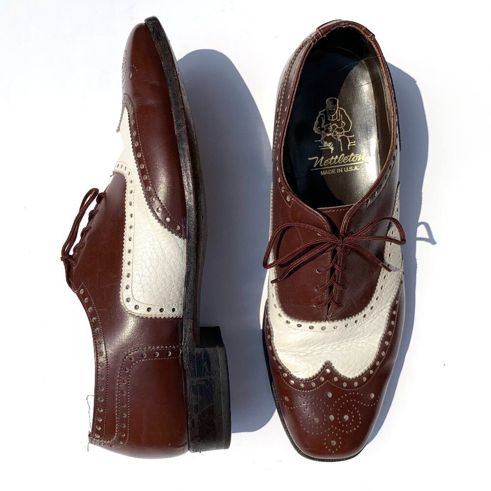 Vintage Nettleton Men’s Two Tone Wingtip Oxford Shoes Brown & White 10.5
